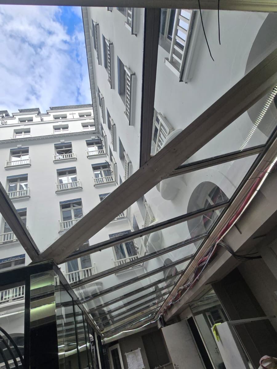 Toiture vitrée de la verrière et façades de la cour